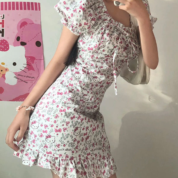 Bubble Short Sleeve Sanrio Cartoon Hello KT Dress 2022 New College Style Square Neck Sweet Girl Vintage Skirt Y2k Female Student alx