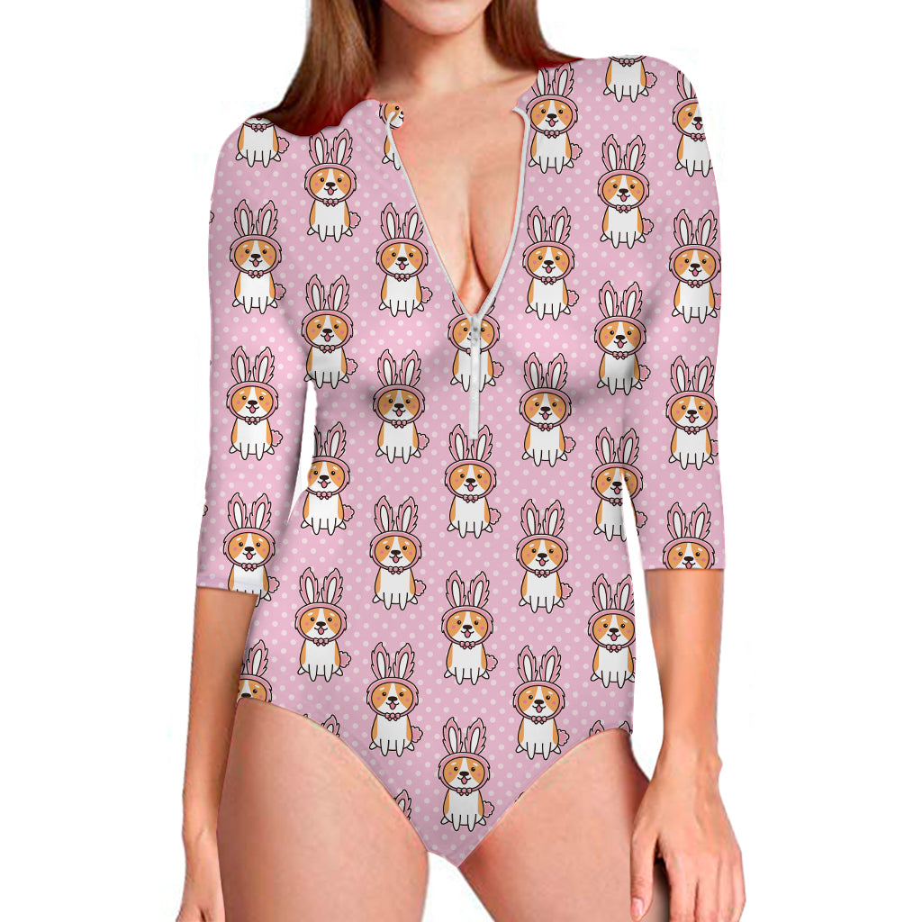 Bunny Corgi Pattern Print Long Sleeve One Piece Swimsuit