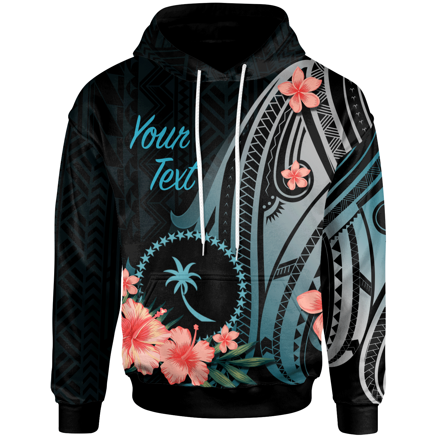 Chuuk Personalised Custom Hoodie –  Turquoise Polynesian Hibiscus Pattern Style – BN27