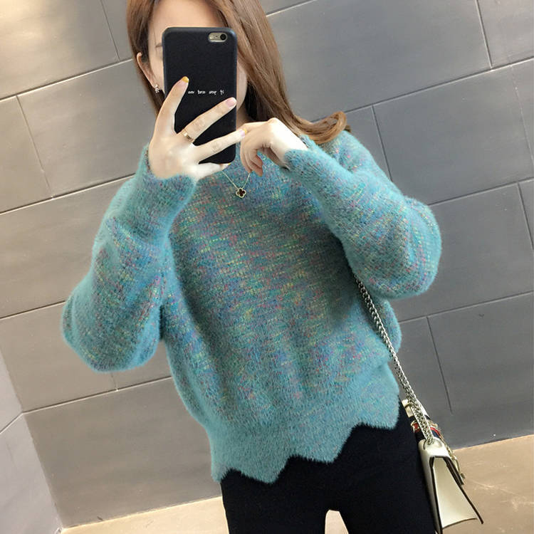 Autumn And Winter New Women’s Fashion Top Knitted Sweater With Half High Collar And Thickened Mink Like Cashmere Rainbow Sweater alx