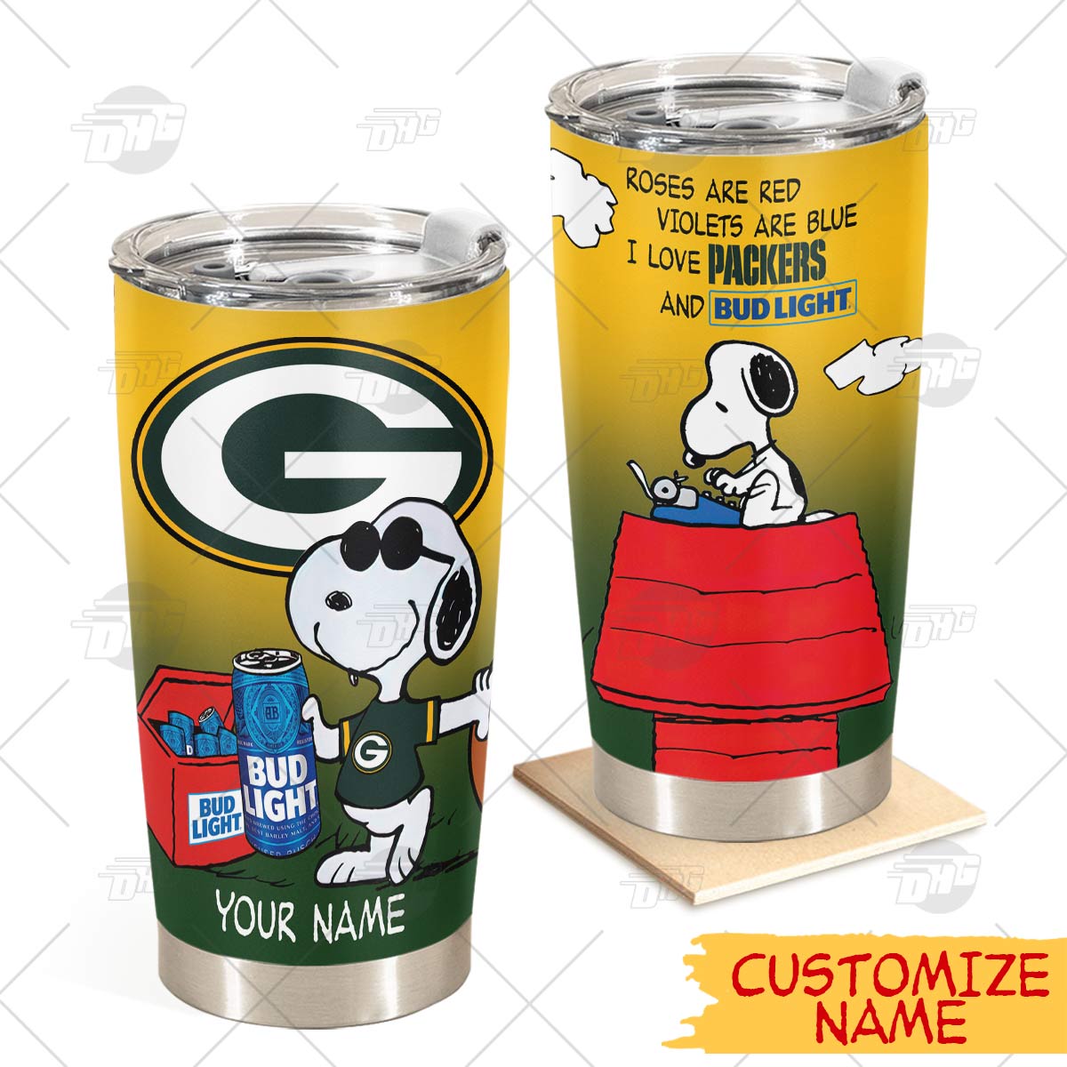 Personalized Green Bay Packers Tumbler Snoopy Bud Light Beer Lover Stainless Steel Tumbler 20Oz 30Oz