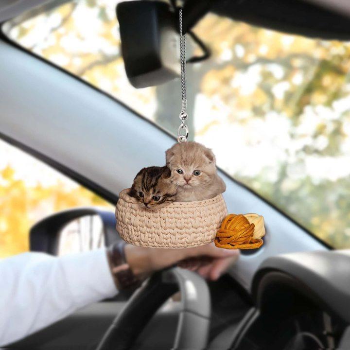 3 Cat Kittens In Basket Car Hanging Ornament