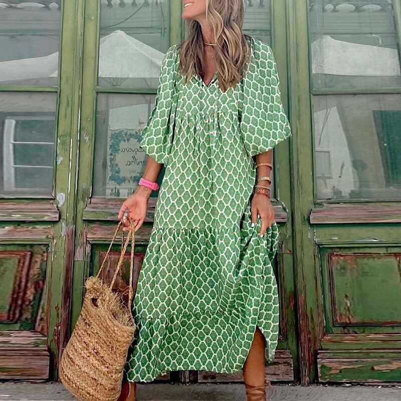 Women Vintage Harajuku Half Sleeve Loose Long Dress 2021 Autumn Elegant V-Neck Chic Drawstring Dresses Ladies Casual Dress Mujer alx