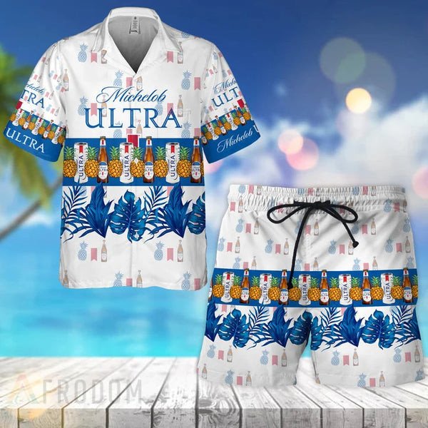 Tropical Pineapple Michelob Ultra Hawaiian Shirt And Shorts Set