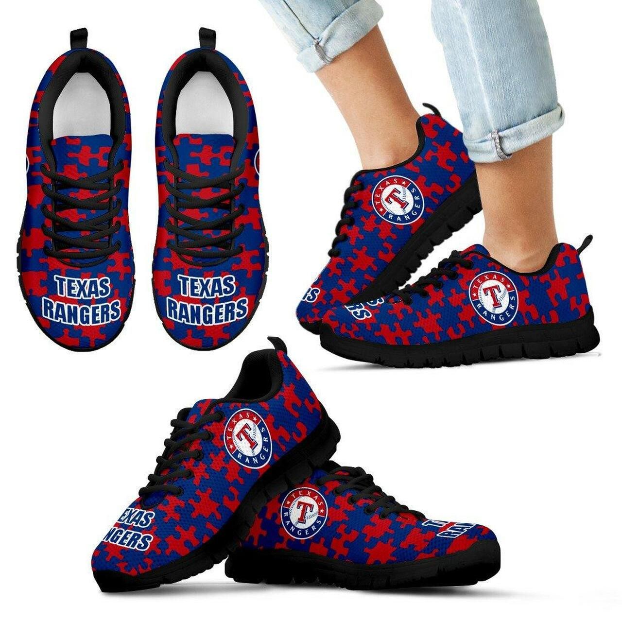 Texas Rangers Sneakers Puzzle Logo With Running Shoes For Men, Women Shoes12344