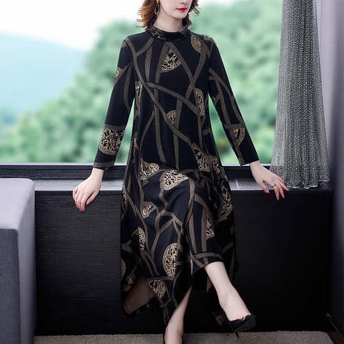 2022 Vintage Loose Black Print Maxi Dresses Autumn Winter Casual Midi Dresses Elegant Bodycon Women Party Vestidos alx