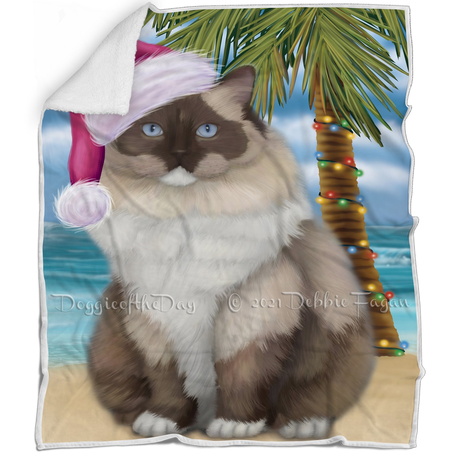 Summertime Happy Holidays Christmas Ragdoll Kitten Cat On Tropical Island Beach Blanket D197