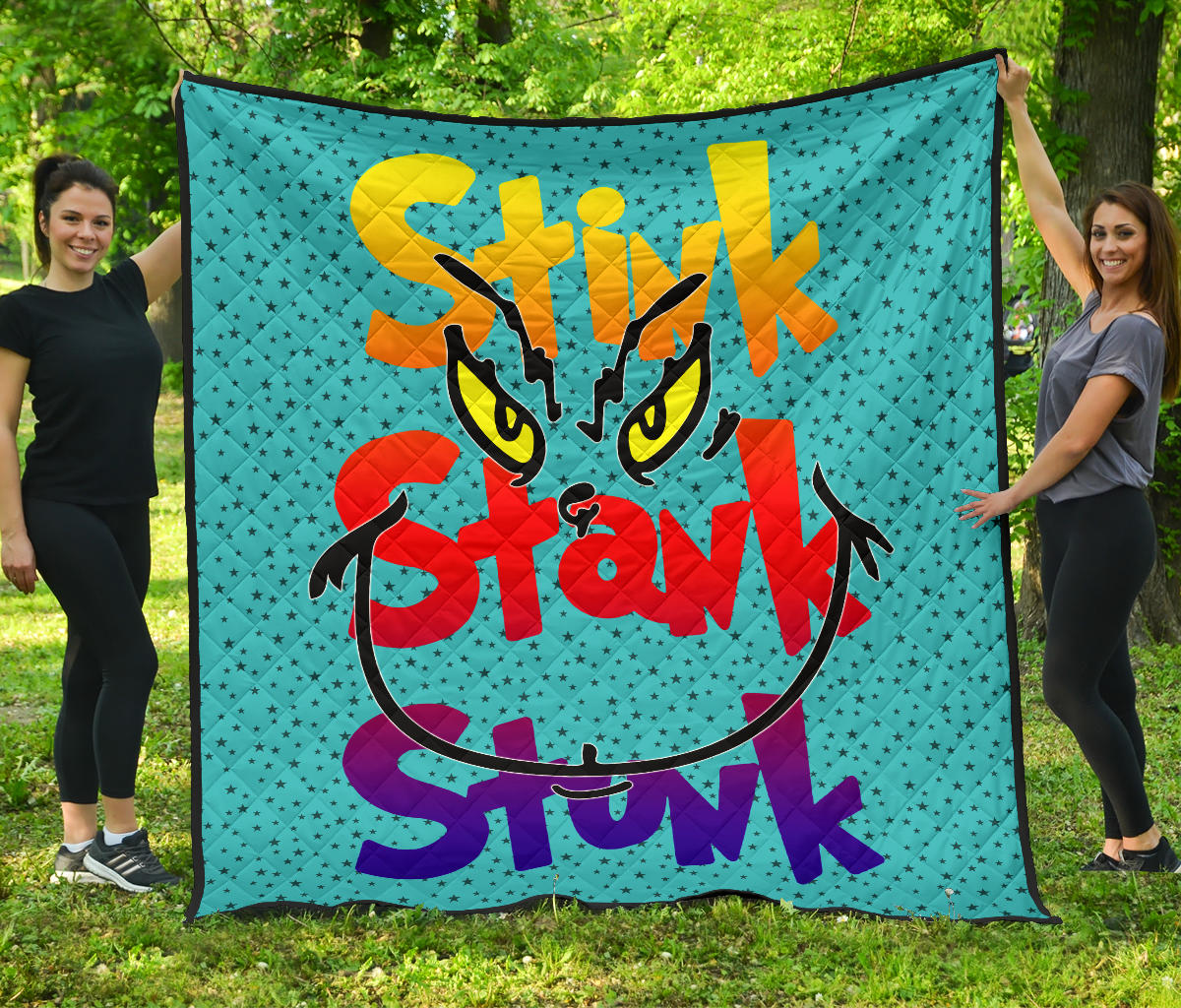 Christmas Premium Quilt | Stink Stank Stunk Grinch Face Minimal Stars Quilt Blanket