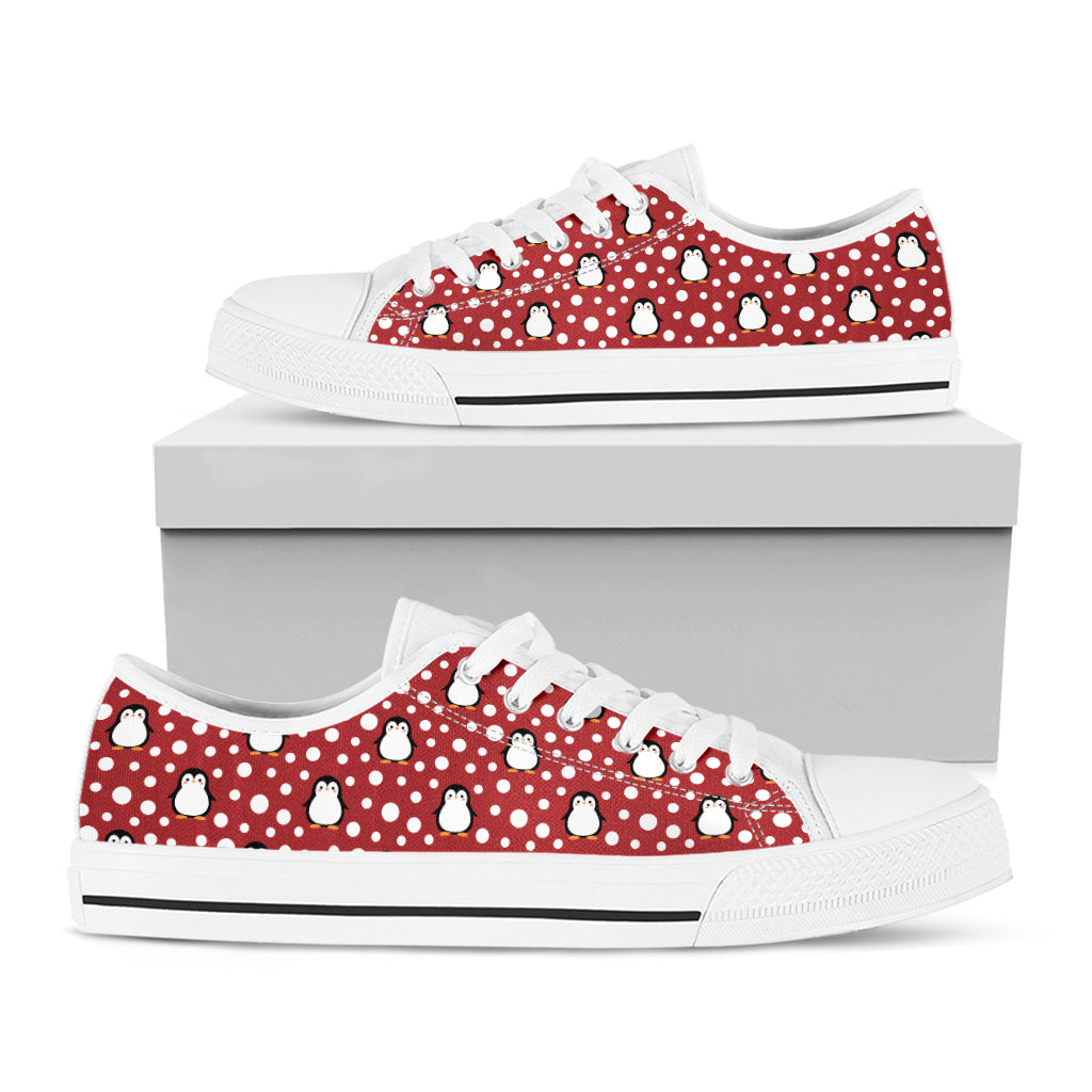 Red Snow Penguin Pattern Print White Low Top Shoes