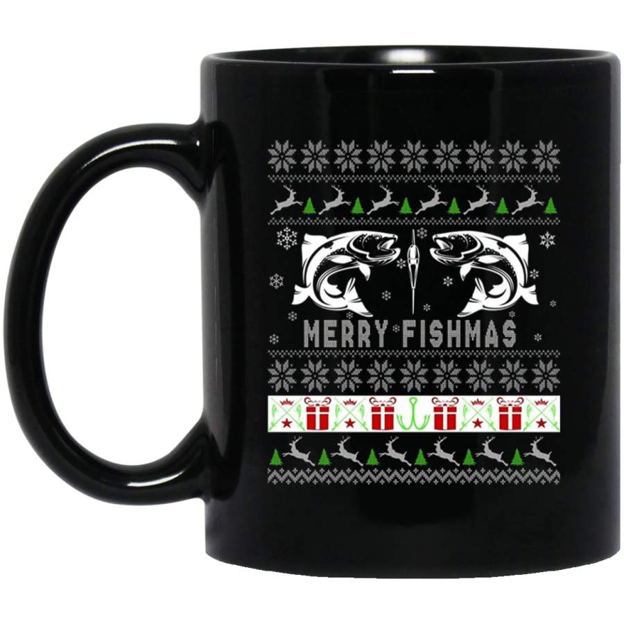 Ugly Christmas Sweater Merry Fishmas Xmas Fishing Fisherman 11 oz 15 oz Black Mug