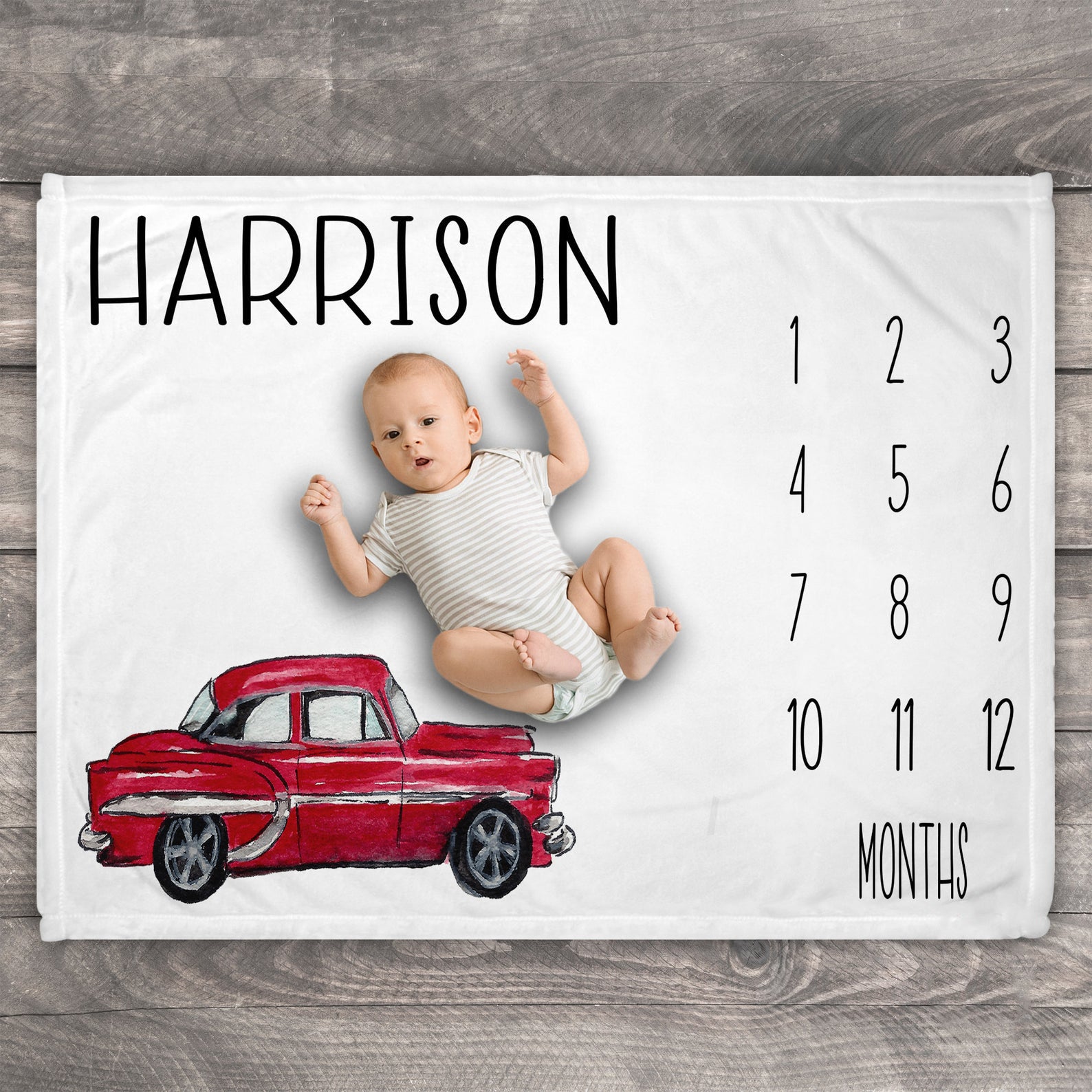 Vintage Car Milestone Blanket, Boy Baby Blanket, Personalize Adventure Baby Blanket, Custom Baby Month Blanket, Growth Chart Blanket