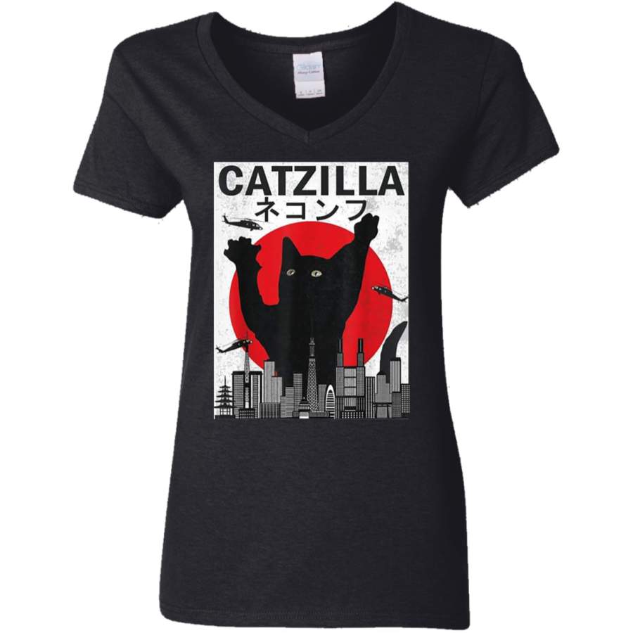 Vintage Catzilla Japanese Sunset Angry Cat Kitten Lover Ladies V-Neck T-Shirt