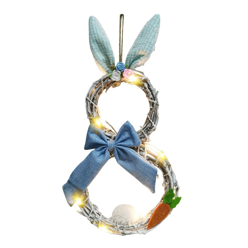 Aidoufen Easter Bunny Wreath On The Door Rabbits Ears Garland Wood Decoration 2022 Souvenir Ornaments Festive Party Supplies Led Lights