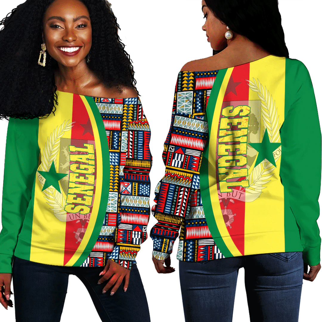 Africazone Clothing – Senegal Flag And Kente Pattern Special Women’S Off Shoulder Sweaters A35