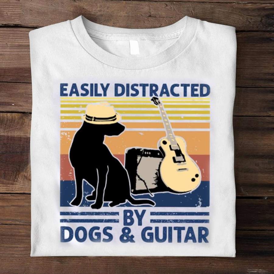 Easily Distracted By Dogs And Guitar Dog Lovers Guitarist Vintage T-Shirt Guitar Pet Dogs Shirt Play Guitar With Their Cute Dogs T-Shirt