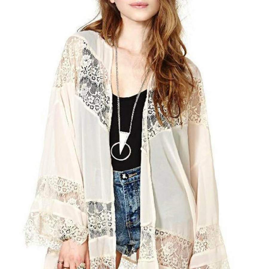 2018 Autumn Women Casual Vintage Boho Kimono Cardigan Lace Crochet Chiffon Loose Blouse Shirt Plus Size Tops Beige Black White