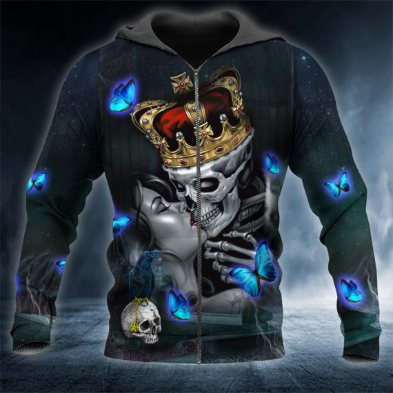 King And Queen Kissing Skull 3D All Over Printed Unisex Zip Up Hoodie Us Size