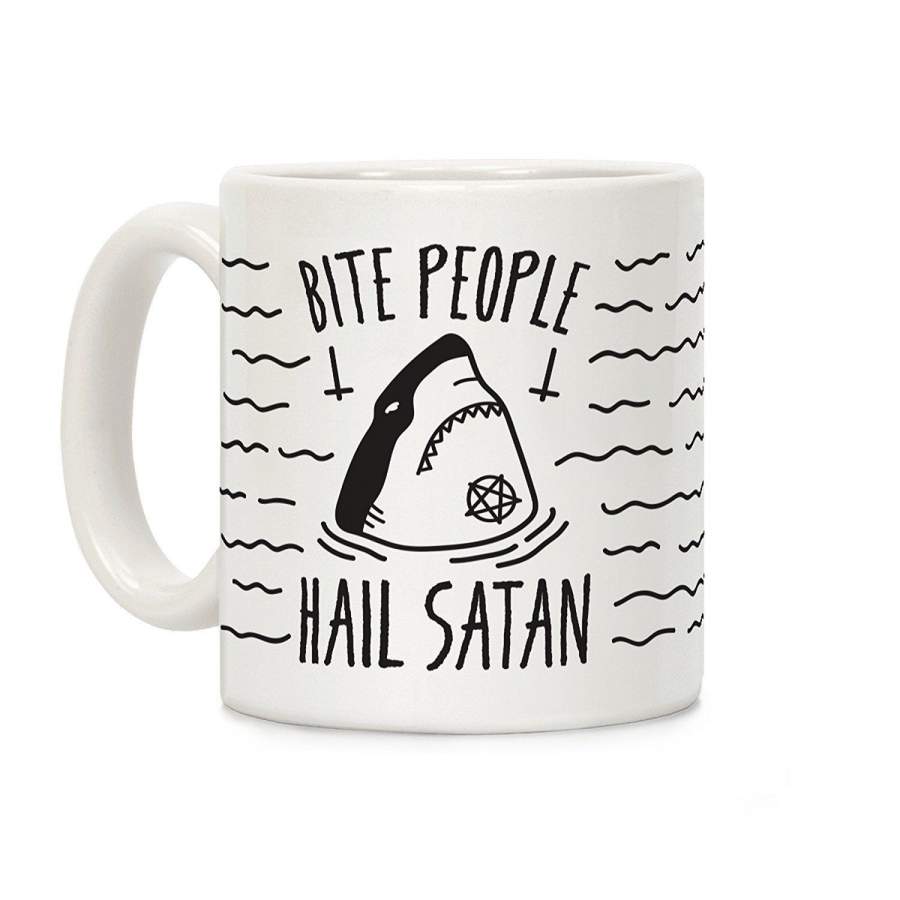 Bite People Hail Satan Shark White Ceramic Coffee Mug