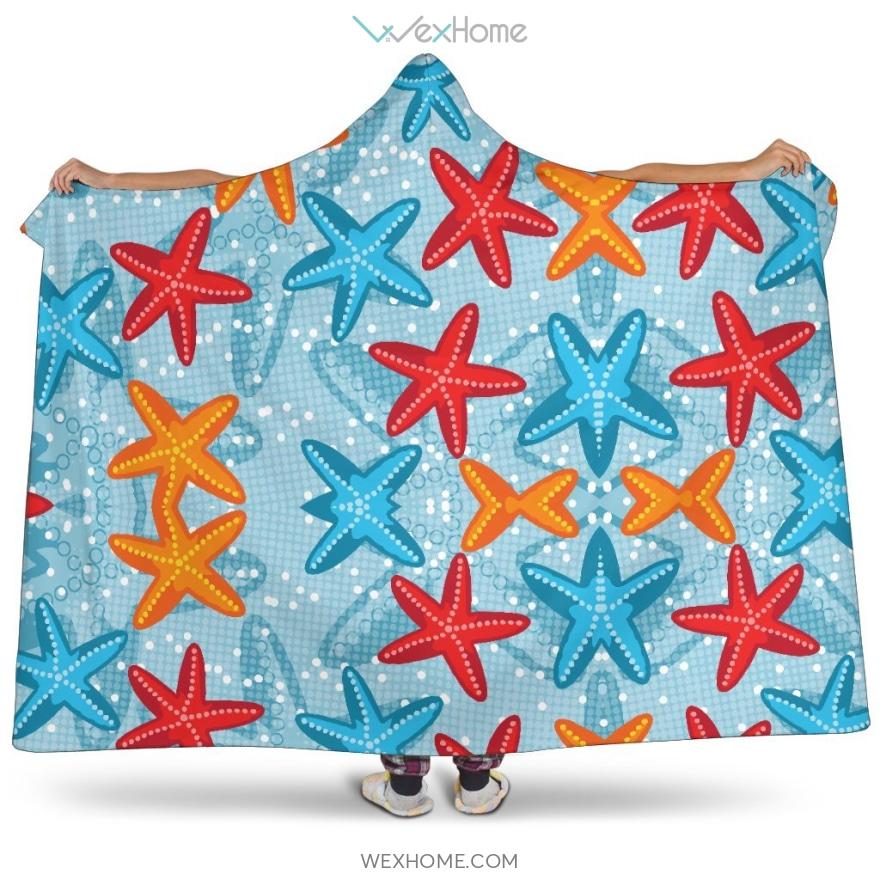 Blue Red Orange Starfish Pattern Hooded Blanket