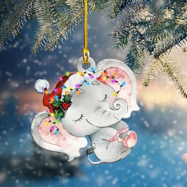 Elephant Wearing Santa Hat Christmas Light Shape Wooden Ornament