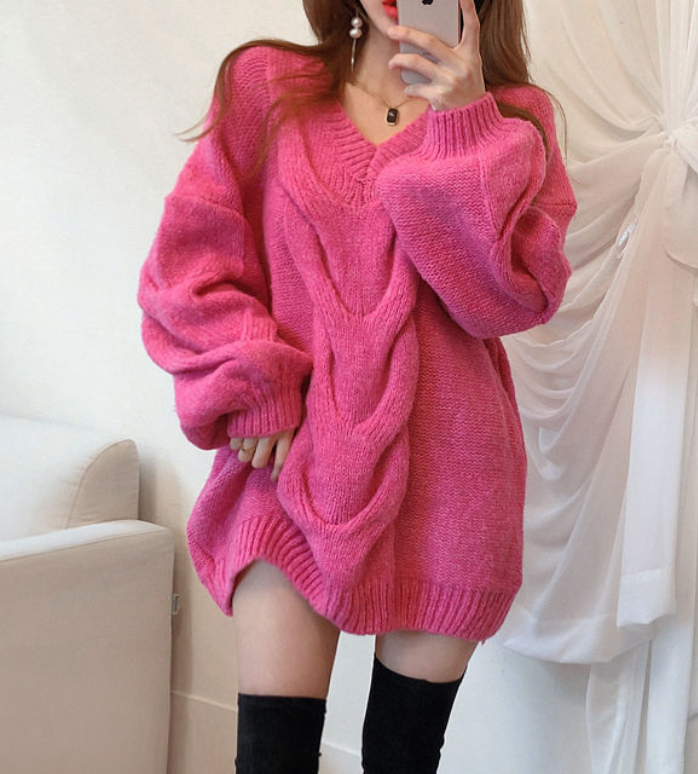 Women Sweater Pullover 2021 Female Knitting Overszie Long Loose Elegant Knitted Thick Outerwear Woman Winter Sweaters Pink White alx