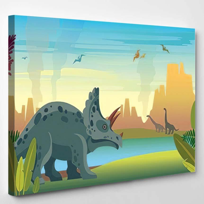 Wild Nature Dinosaurs Green Ferns Lake – Dinosaur Animals Canvas Print