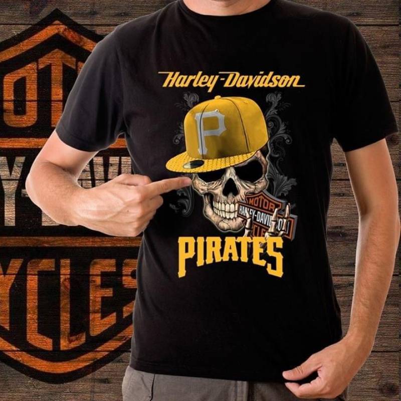 Skull Hat Pittsburgh Pirates Logo Baseball Team Harley Davidson Motorclyes Racing Best Gifts For Fans Black Men And Women T Shirt S-5Xl