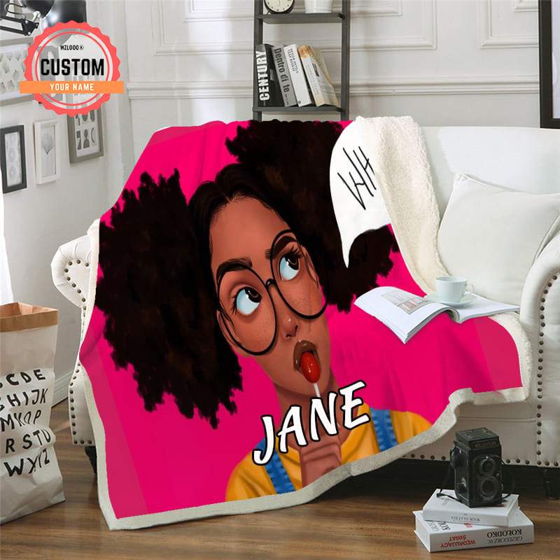 Cute Black Girl Eat Candy African Custom Name Plush Fleece Blanket