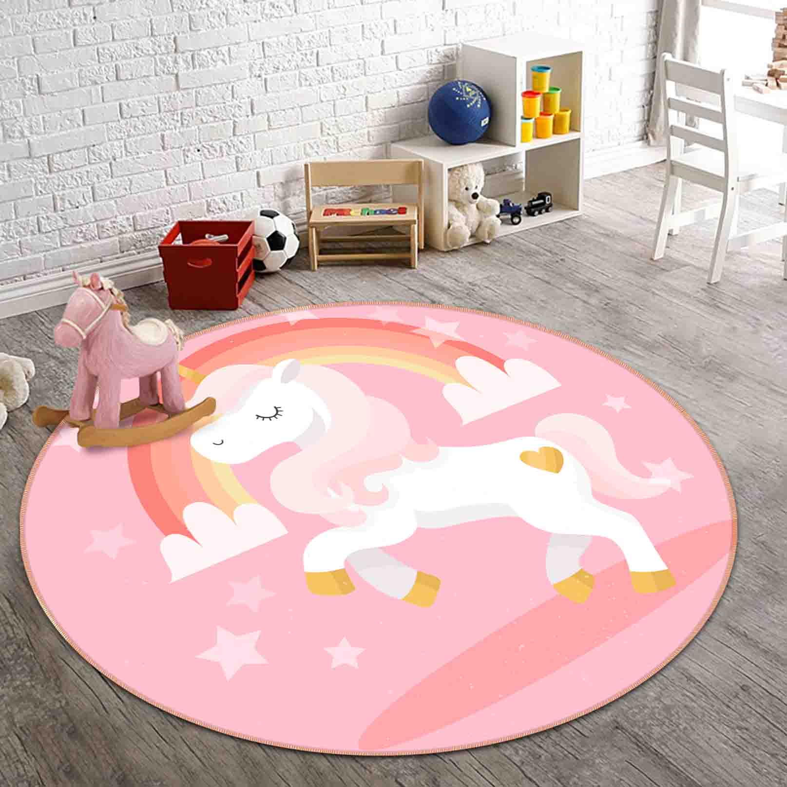 3D Cartoon Pink Animal Unicorn Rainbow Kids Non-Slip Round Rug Mat 50