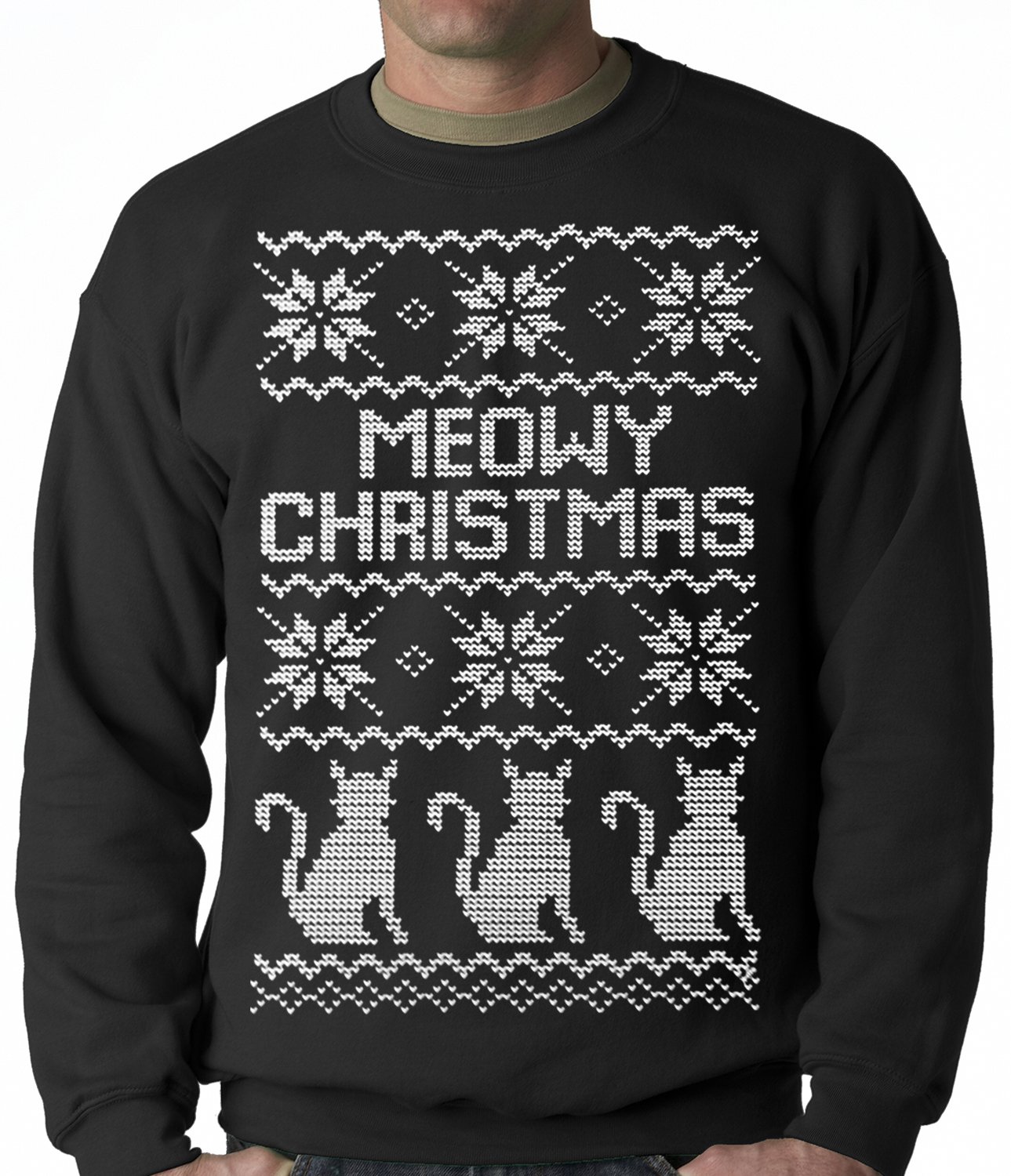 Ugly Christmas Sweater – Meowy Christmas (White Print) 3 Cats Ugly Christmas Adult Crewneck