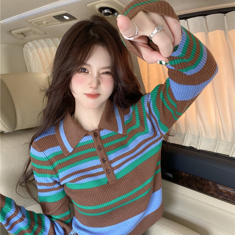 Cropped Pullovers Women Striped Vintage Preppy Girlish Tender Sweet Young Casual Fashion Autumn New Sweater Mujer Teens Ulzzang alx