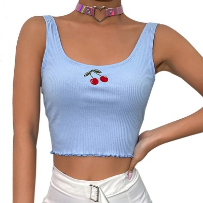 Cotton Ribbed Cherry Embroidery Tank Top Sweet Fashion Cropped Sleeveless Summer Top Vest 2021 New Crop Tops Clothing alx