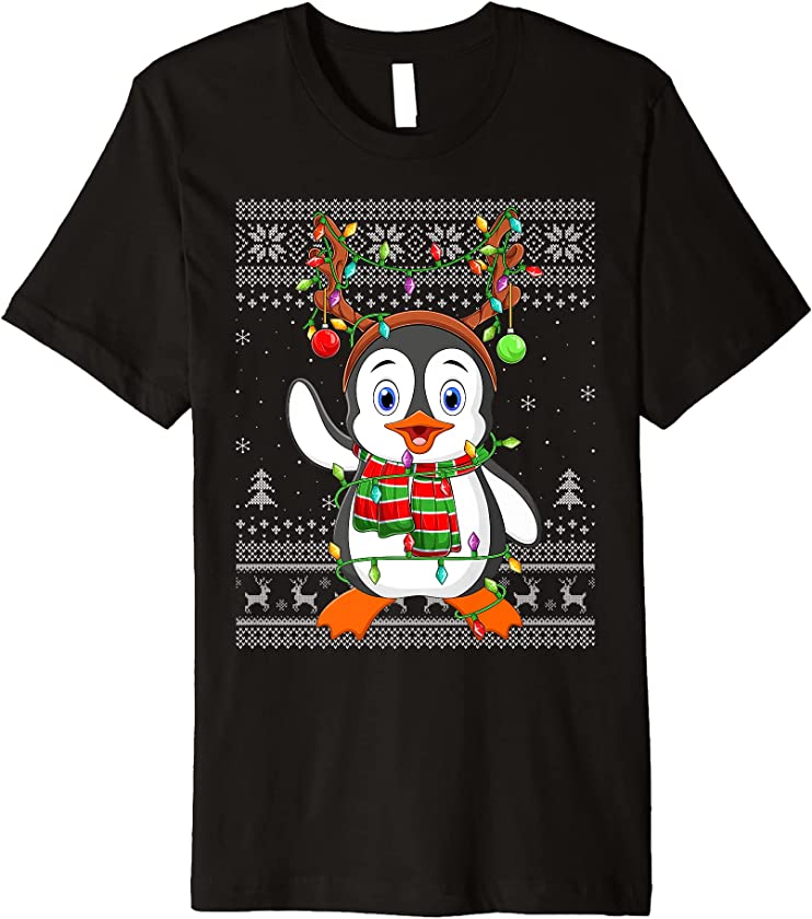 Penguin Bird Xmas Lights Reindeer Hat Ugly Penguin Christmas Premium T-Shirt