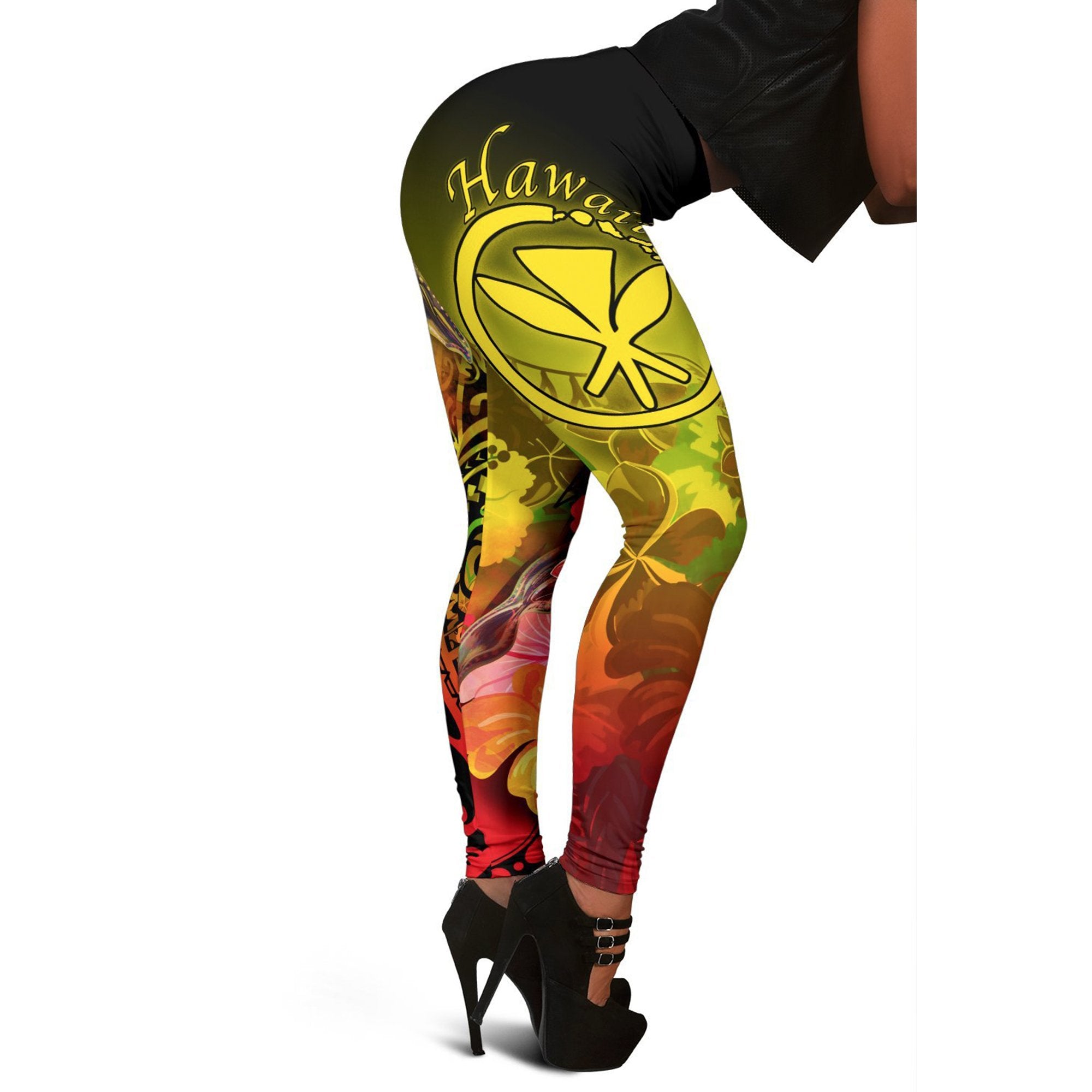 Polynesian Hawaii Women’S Leggings – Kanaka Maoli Humpback Whale With Tropical Flowers (Yellow)