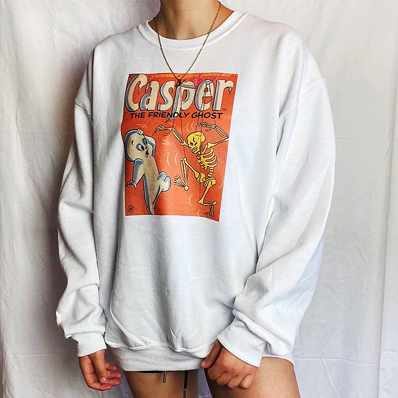 American Vintage Cute Casper and Skull Print Funny White Sweatshirts Unisex Autumn Tops Crewneck Casual 90s Hallowmas Pullover alx