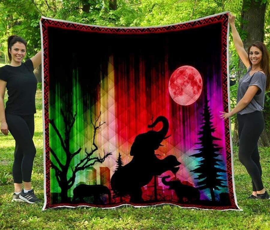 Night Of Elephant  Red Moon  Quilt Blanket