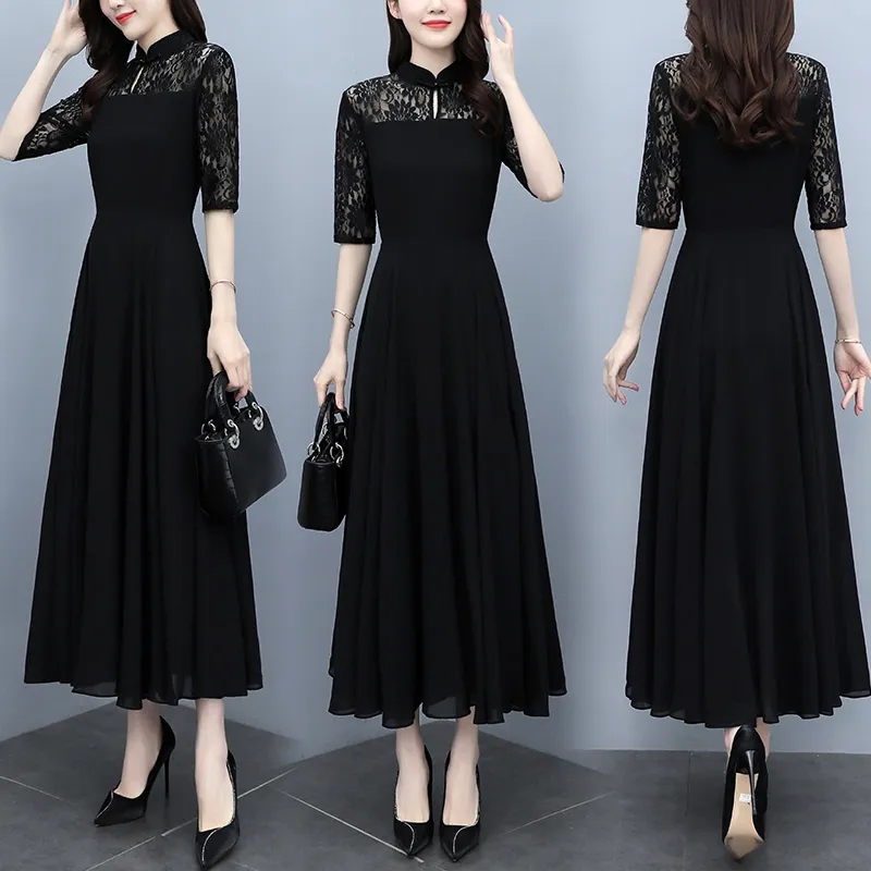 Spring Summer Popular Black Cheongsam Dress 2022 Women High End Patchwork Lace Dress Ladies Elegant Chiffon Long Dress Vestidos alx