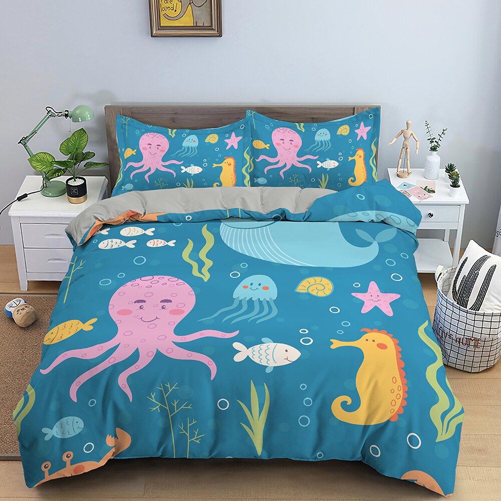 Whale 3D Bedding Set Soft Duvet Cover Fitted/Bed Sheet Family Set Bed Deep Sea Blue 3D Print