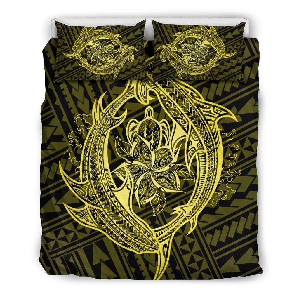 Alohawaii Bedding Set – Cover And Pillow Cases Hawaiian Hamerhead Shark Yin Yang Plumeria Polynesian – Yellow – Ah J9