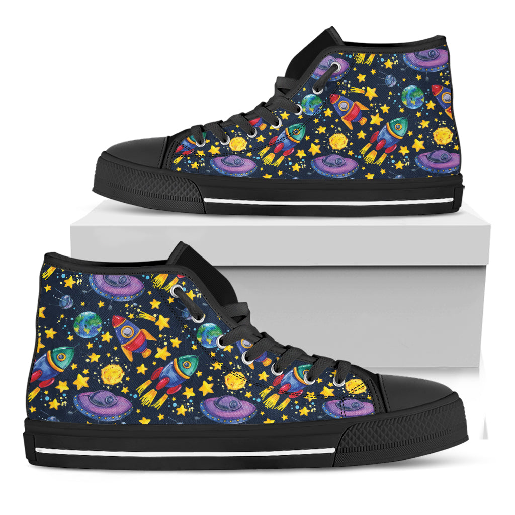 Watercolor Rocket Pattern Print Black High Top Shoes