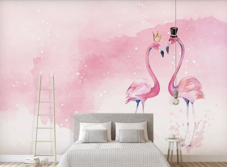 3D Watercolor Pink Animal Flamingo Wall Mural Wallpaper Lqh 160