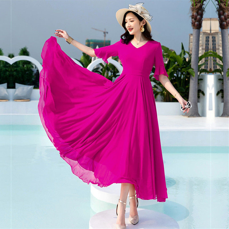 Bohemian Noble Elegant V-neck Flounced Edge Short Sleeve Solid Color Dress Popularity Empire Chiffon Summer Women’s Clothing alx