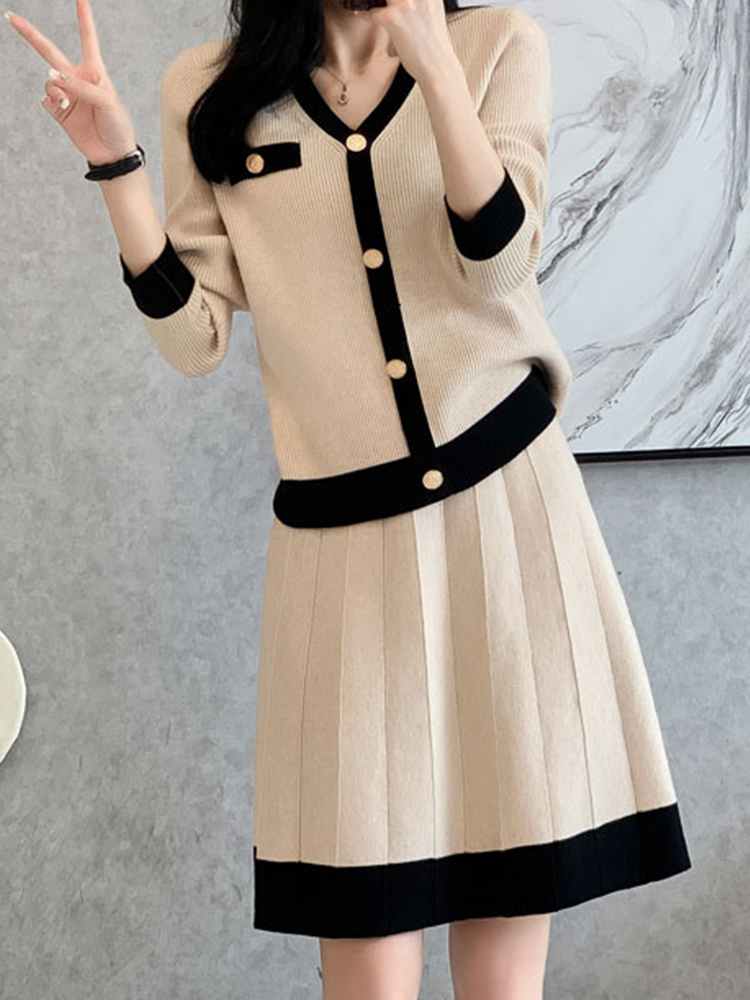 Casual Skirt Set Contrasting V -Neck Knitted Cardigan+Half -Body Skirt Two -Piece Set 2022 Autumn New Fashion Women’S Clothing alx