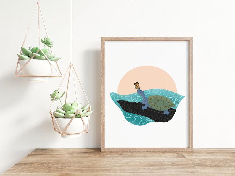 Butterfly Kissing Turtle – Animal Art Print Digital Download | Abstract Wall Art | Poster | Home Decor | Kid’S Room Decor