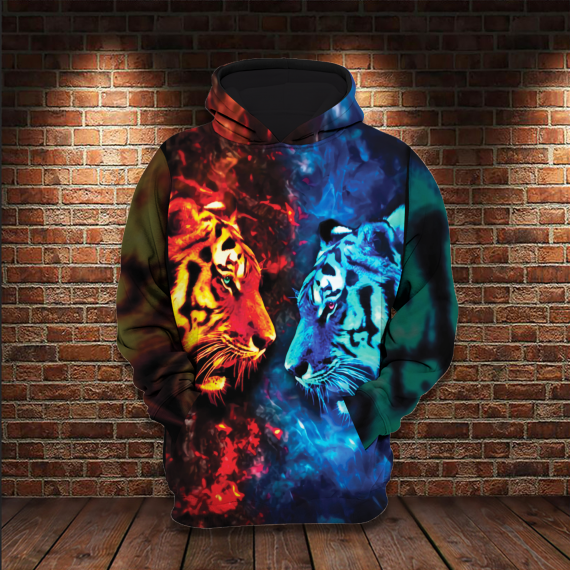 Tiger Ice And Fire All Over Printed Gift For Tiger Lovers Us Unisex Size Hoodie