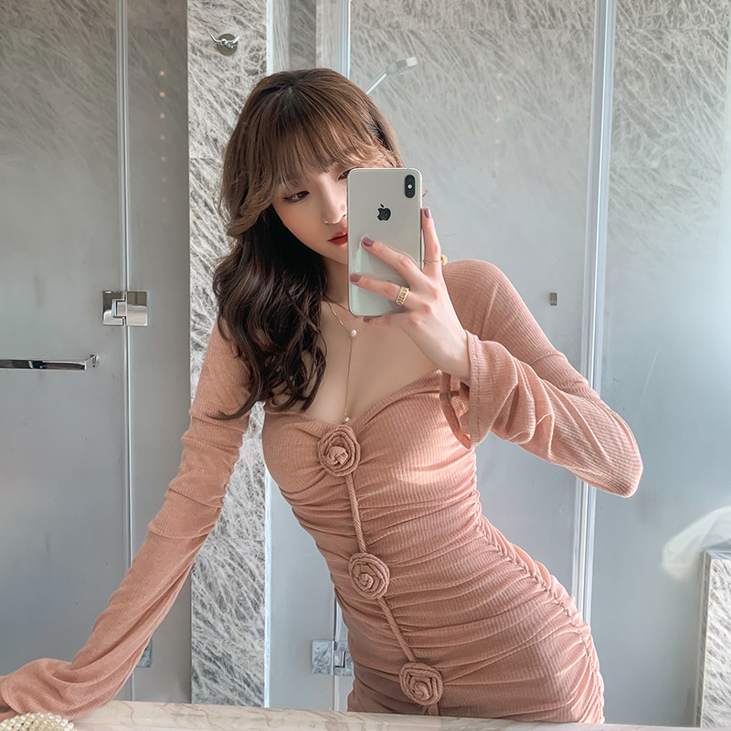 2022 Summer Clothes Sexy Romantic Temperament Design Sense Three-dimensional Rose Pleated Waist Slim Dress 4709 alx