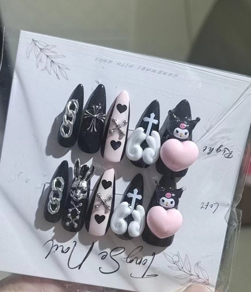 Black and pink heart Kurommii Press On Nails/Black Anime Kawaii Fake Nails/Y2k nails/Japanese Cute Nails/ Reusable Nails/girdling Nails #234