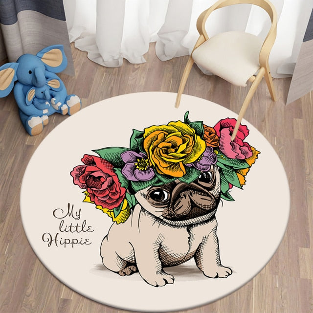 Cartoon Floral Pug Round Carpets For Children’S Room Living Room Rugs Puppy Soft Flannel Floor Area Rug