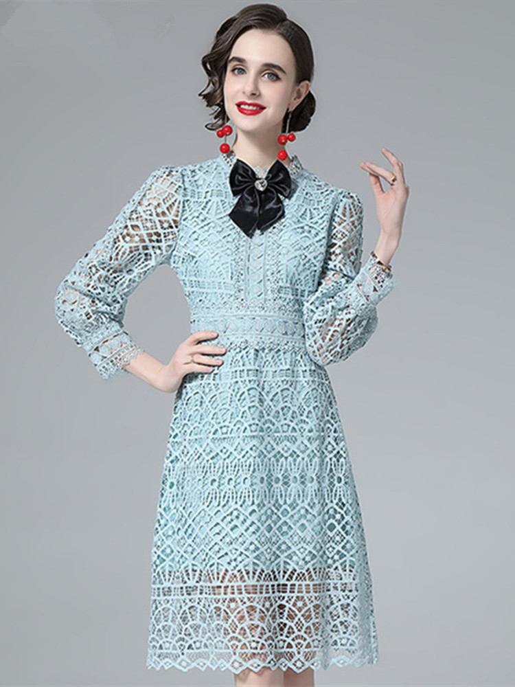 2022 Spring Summer Hollow Out Crocheted Water-Soluble Lace Dress Women Ribbon Bow Long Sleeve Solid Elegant Party Vestidos alx