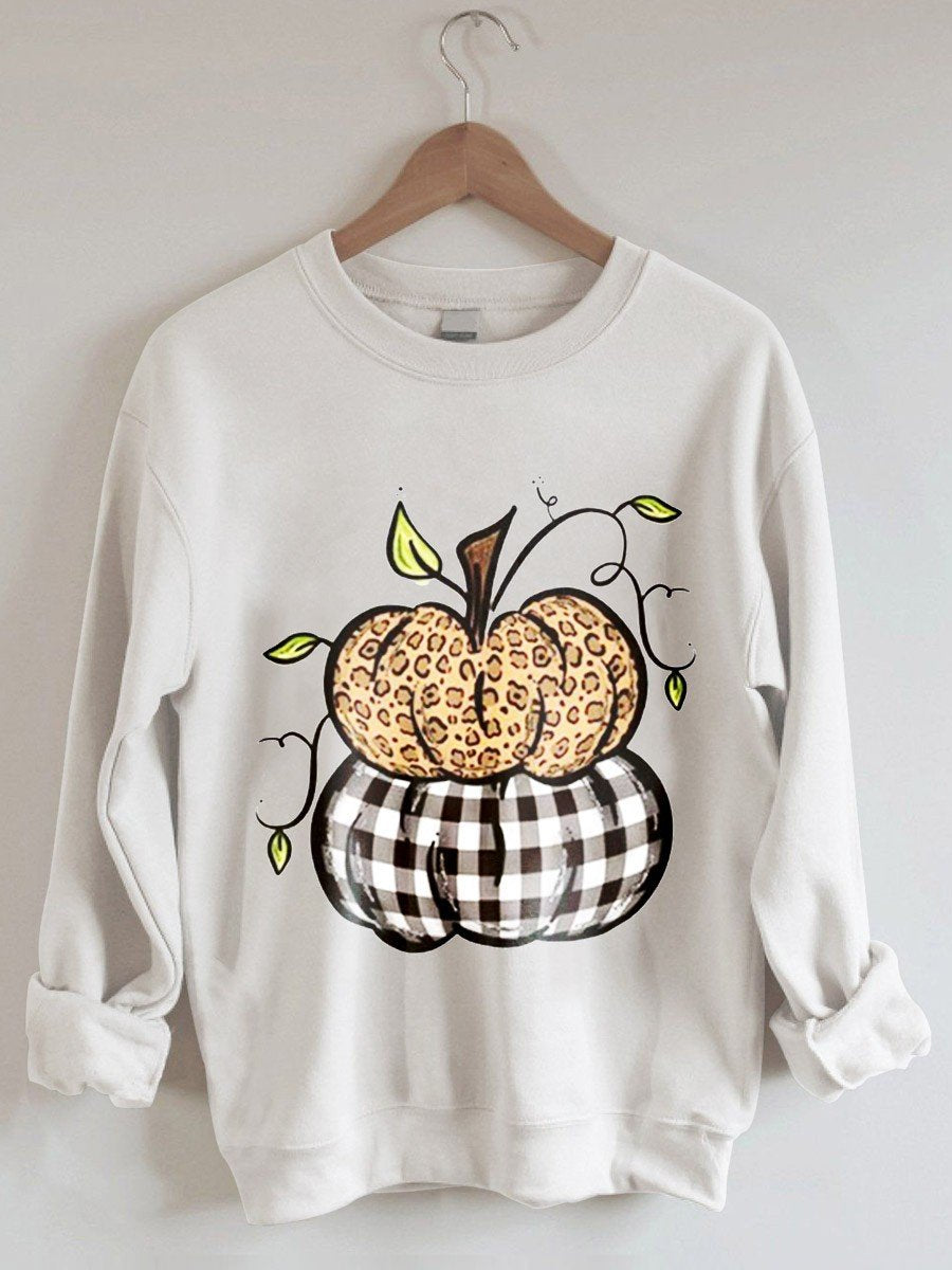 Women’S Leopard And Plaid Stacked Pumpkins Graphic Sweatshirt